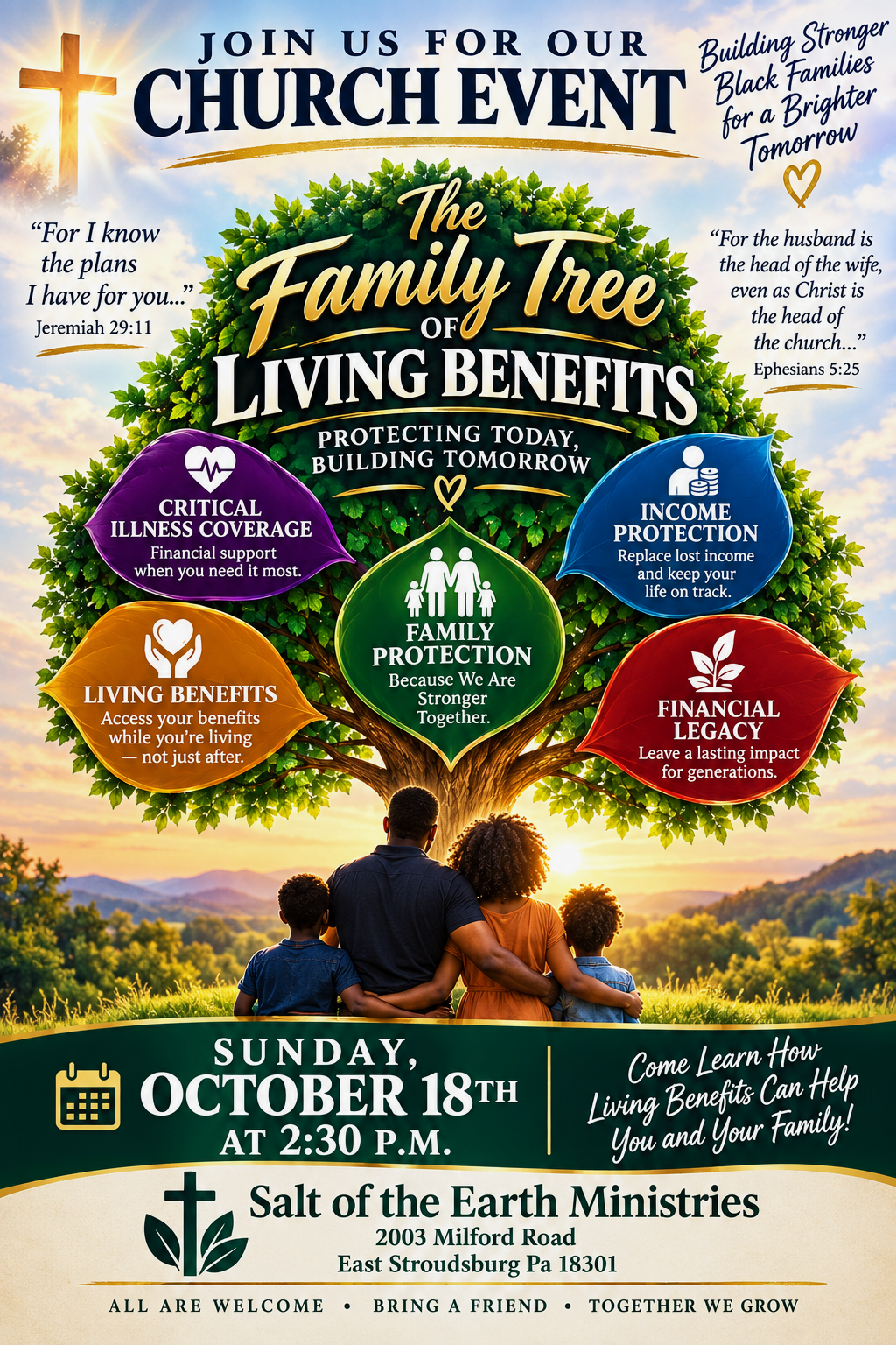 The Family Tree of Living Benefits church event flyer — Sunday, October 18, 2026 at 2:30 P.M. at Salt of the Earth Ministries